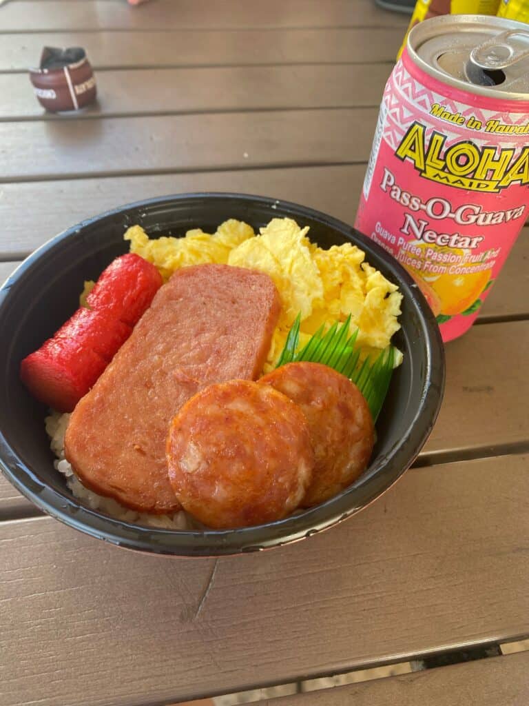 Breakfast of eggs and spam from Island Country Markets at Coconut Marketplace