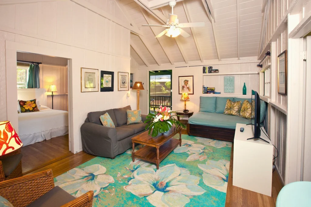 interior of Hanalei beach cottage in Kauai